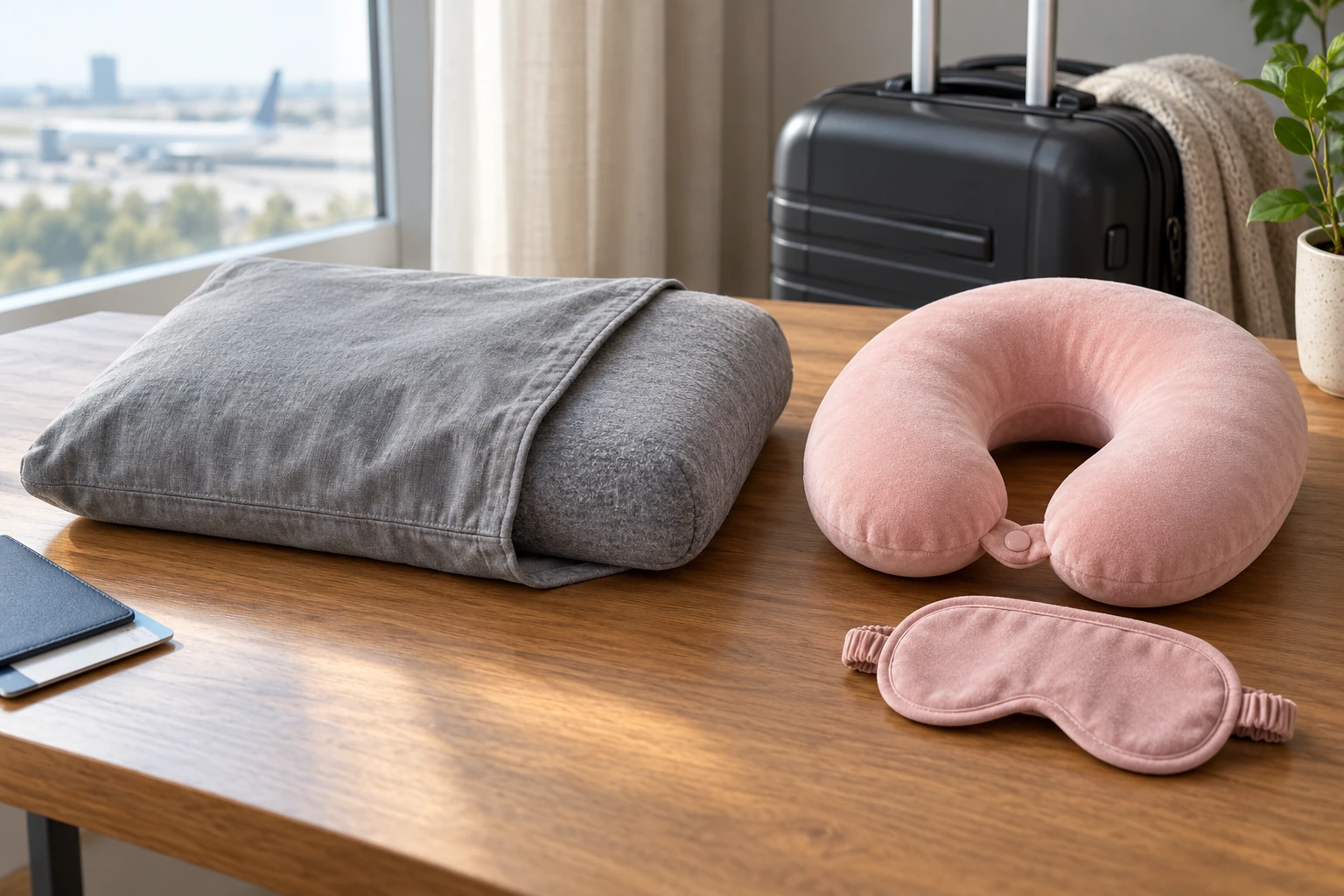 travel pillow accessories laid out beside a suitcase: gray rectangular pillow with its case, pink neck pillow and separate pink eye mask.