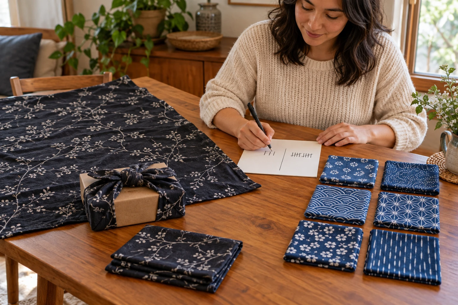 A fabric gift wrap cost-per-use plan, with a person comparing a large dark wrapping cloth and six smaller blue cotton wraps beside a use tally.