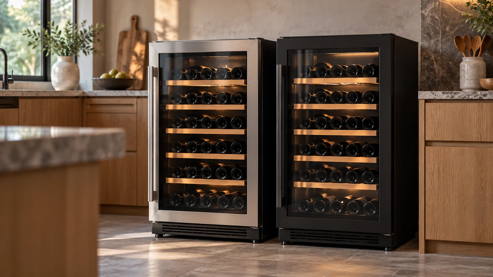 Barara King vs PartyKindom wine refrigerator: Two glass-door wine refrigerators hold bottles beside wooden kitchen cabinets.