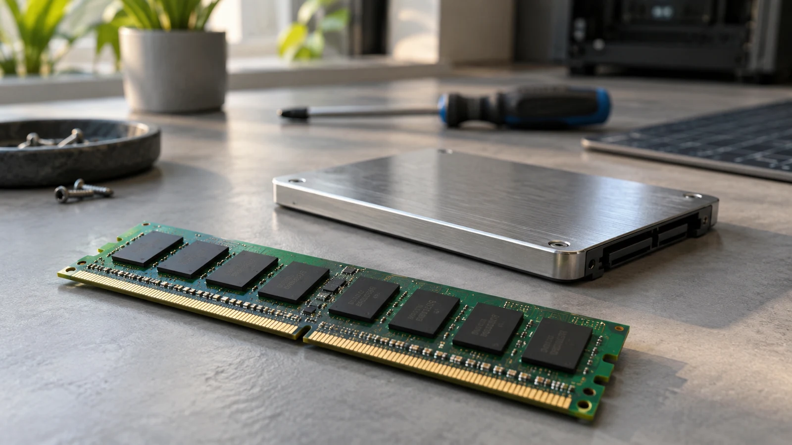 computer memory and storage: A green RAM module and a silver storage drive lie separately on a workbench.