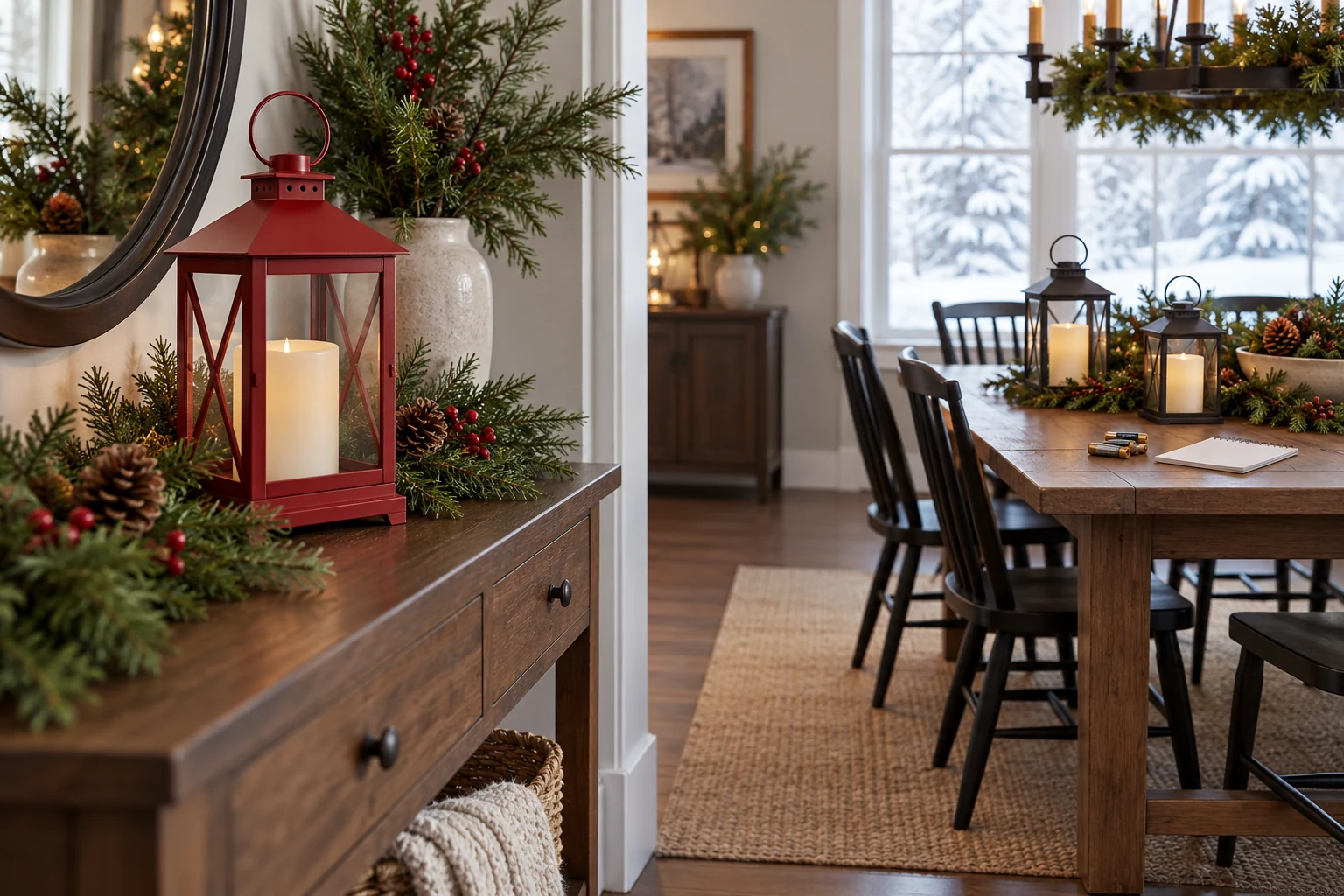 Christmas flameless lantern setup with a red entry lantern and two small table lanterns lit by artificial candles, plus a blank check card.