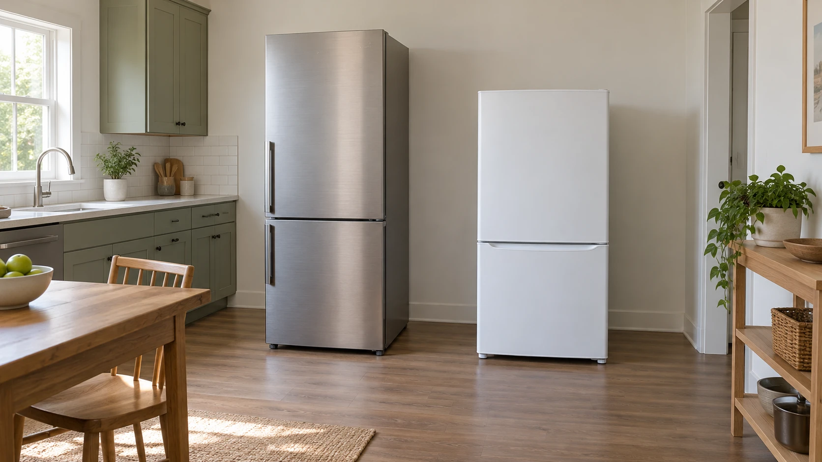 Refrigerator storage inventories and apartment dimensions represented by two complete generic closed kitchen refrigerators; not exact retail models, measured dimensions or an approved installation.