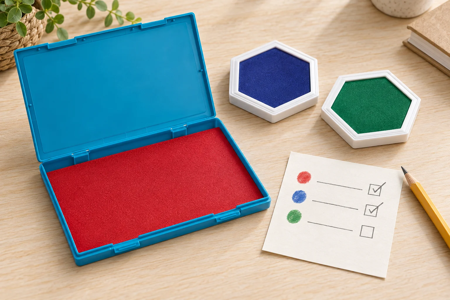 Stamp pad budget note for a required palette beside red, blue and green ink pads, separating owned supplies from a planned purchase.