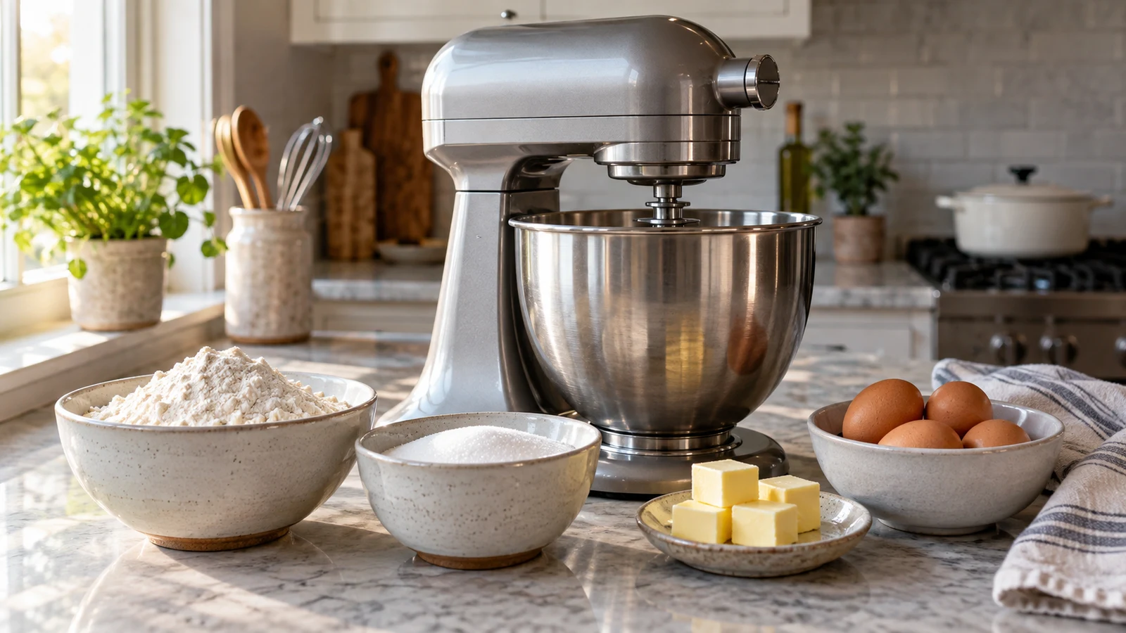 stand mixer ingredient staging: A silver stand mixer sits beside bowls of flour, sugar and eggs and a dish of butter on a kitchen counter.