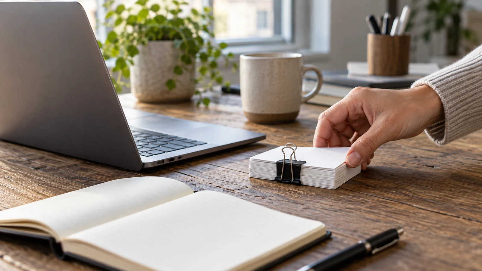 spreadsheet sorting: A hand rests on clipped blank cards beside a laptop and an open notebook.