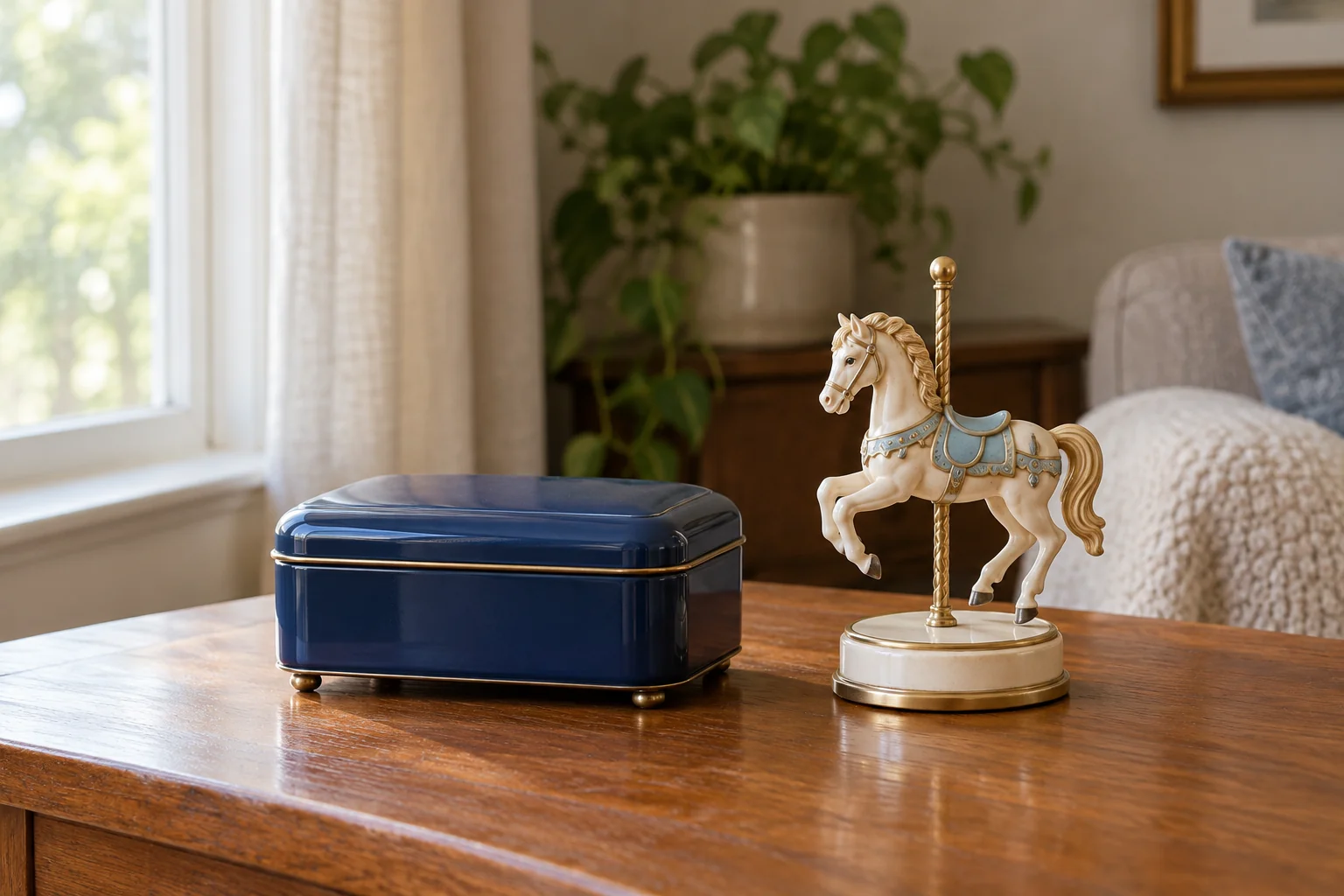 Music box listening scene with a closed decorative box and a carousel ornament on a wooden table.