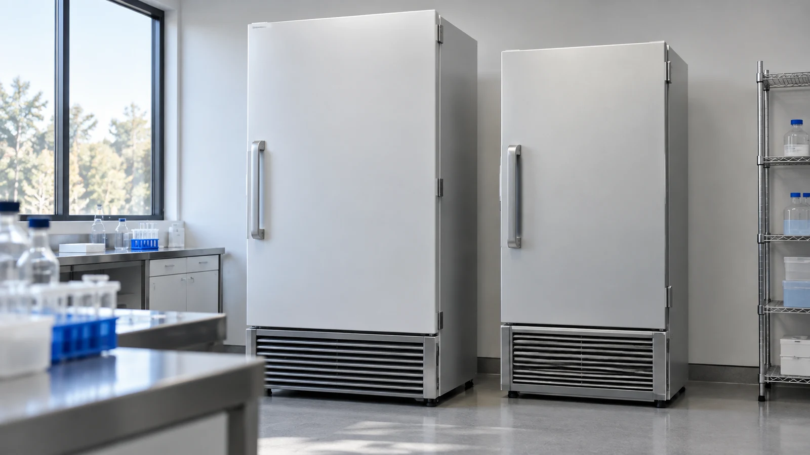 Across International DeepFreeze freezer: Two white upright freezers stand beside metal benches in a sunlit laboratory.