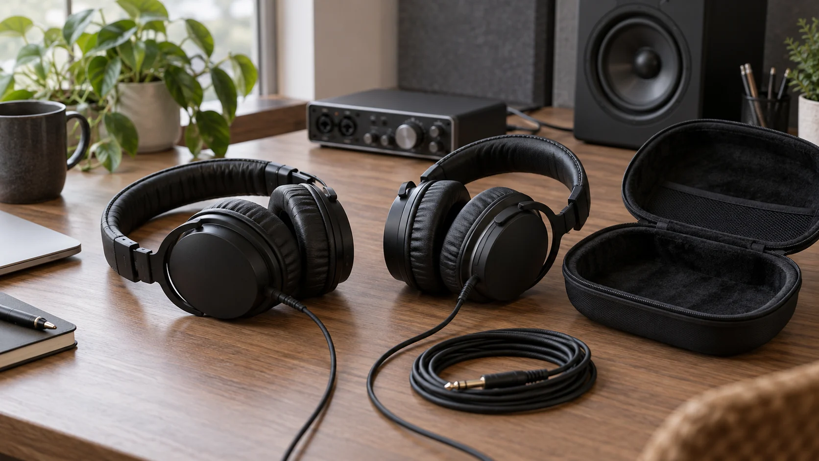 Sony MDR7506 vs beyerdynamic DT 770 PRO X buying guide represented by generic wired headphones, a protective case and loose cable on a listening desk; conceptual illustration, not actual retail models or guaranteed contents.