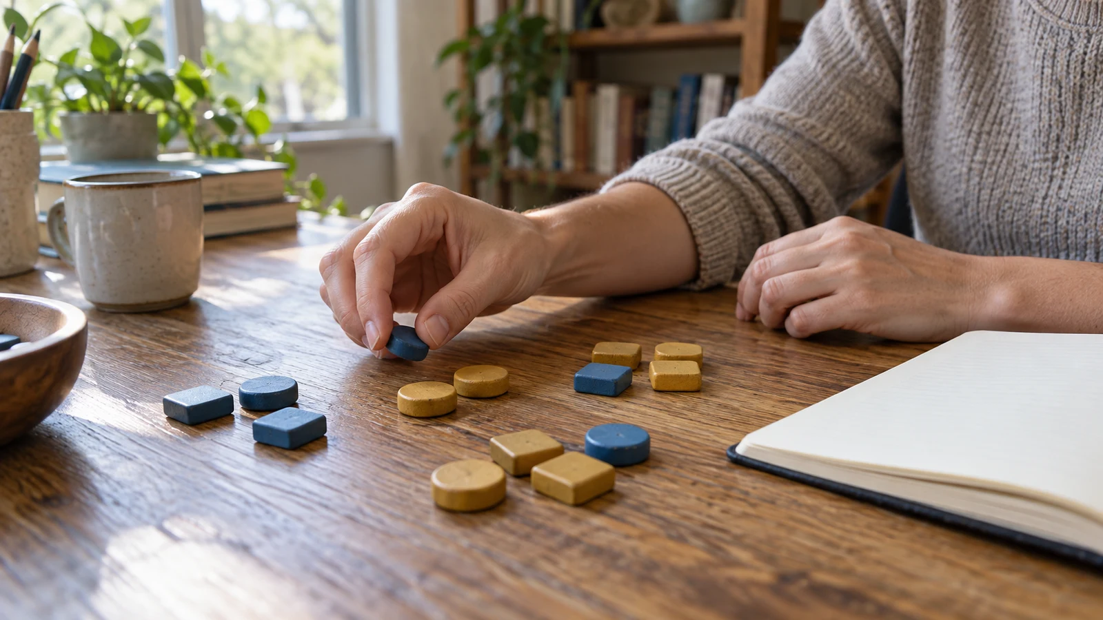 read two-way tables: A person holds a blue counter above round and square counters on a wooden desk beside an open notebook.