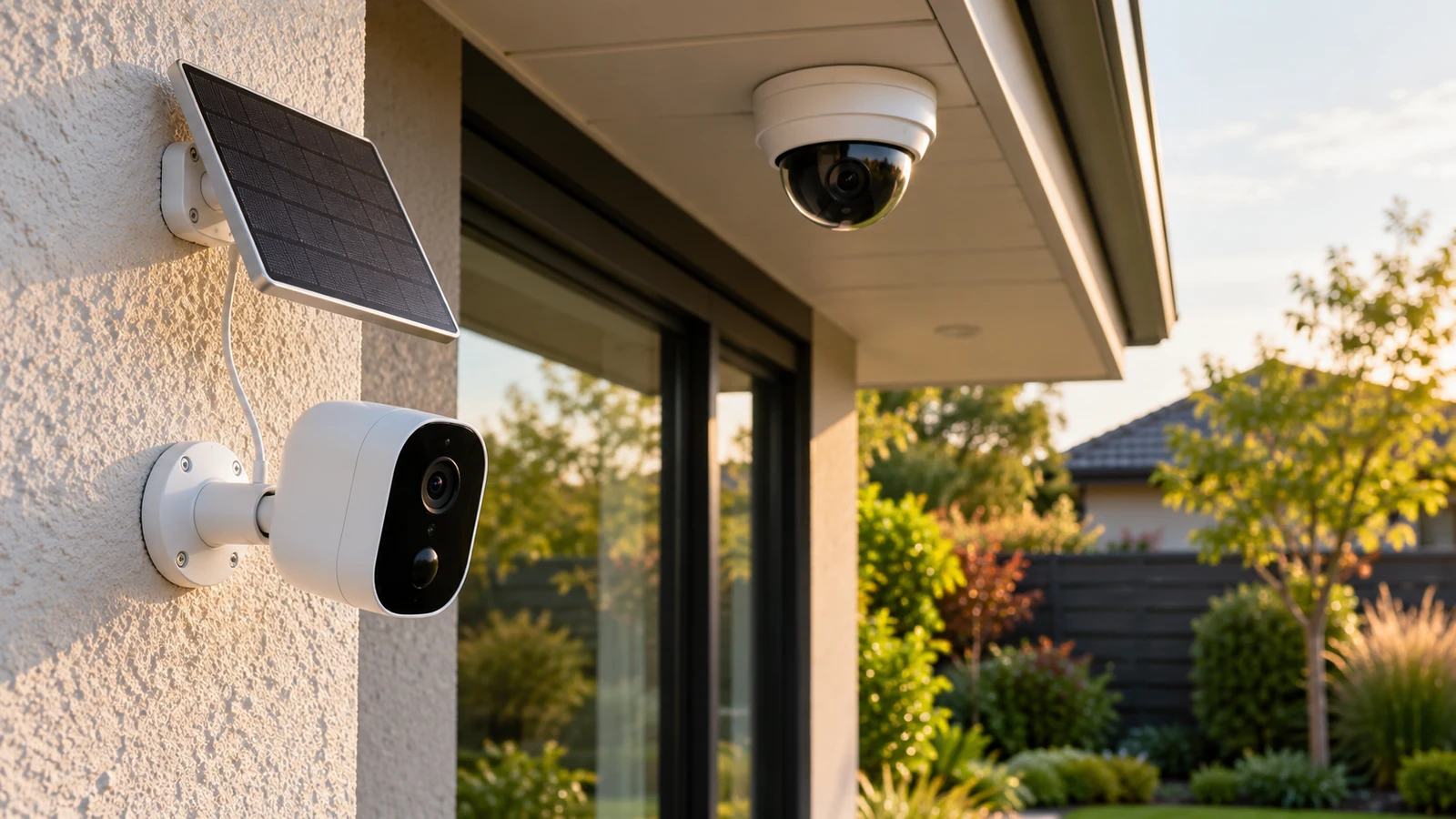 Swann MaxRanger solar kit: A solar panel and two security cameras are mounted beside a garden.