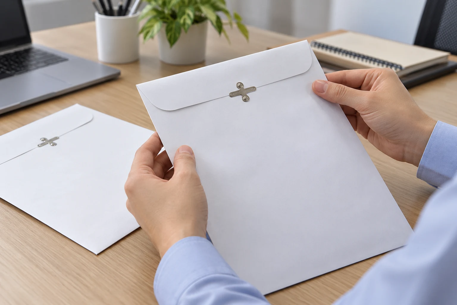 Clasp envelope damage check shown as an office worker inspecting the metal clasp and surrounding paper before an internal document handoff