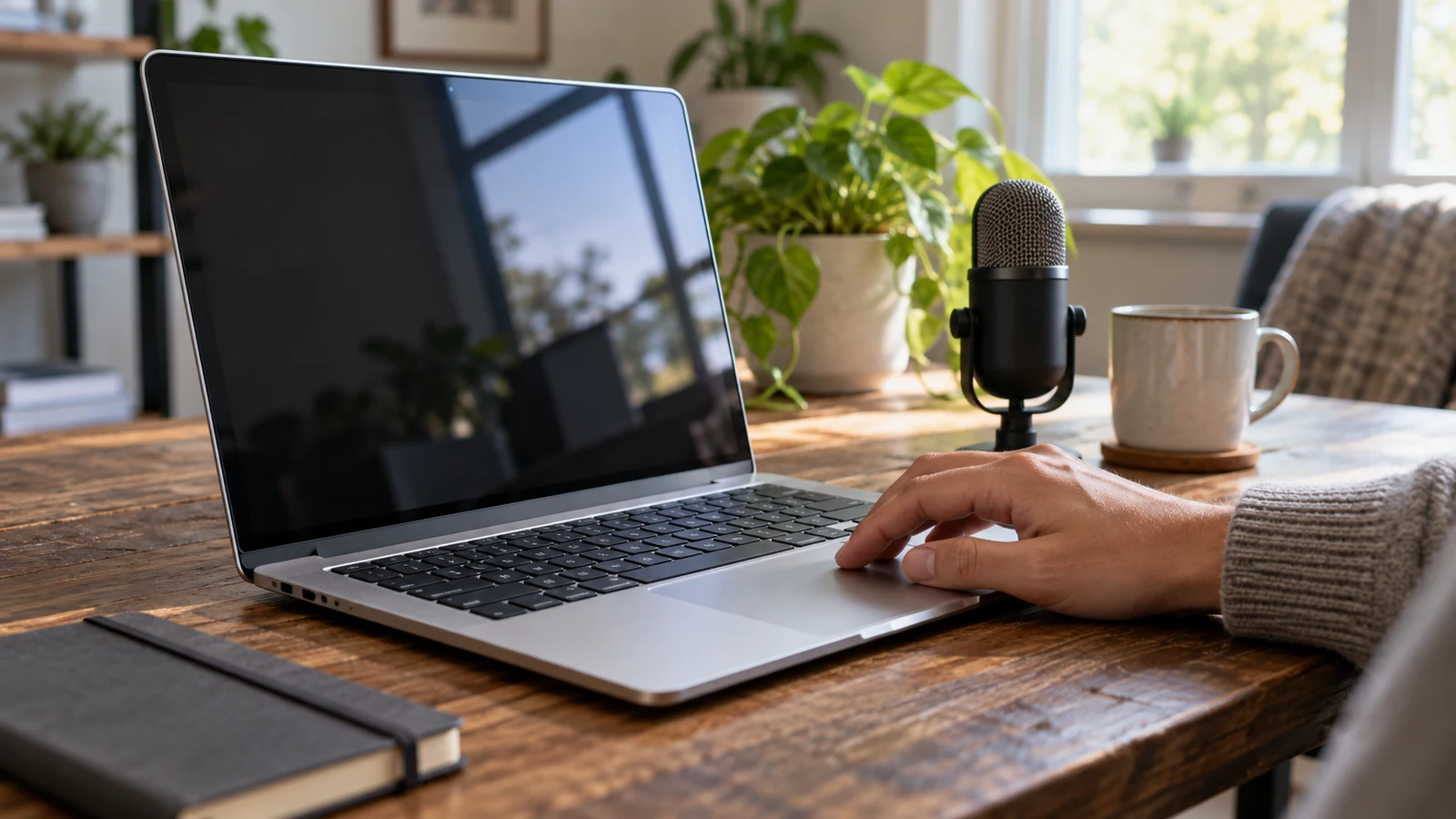 Dell Inspiron screen recording checks: A hand rests on a laptop trackpad beside a microphone on a wooden desk.