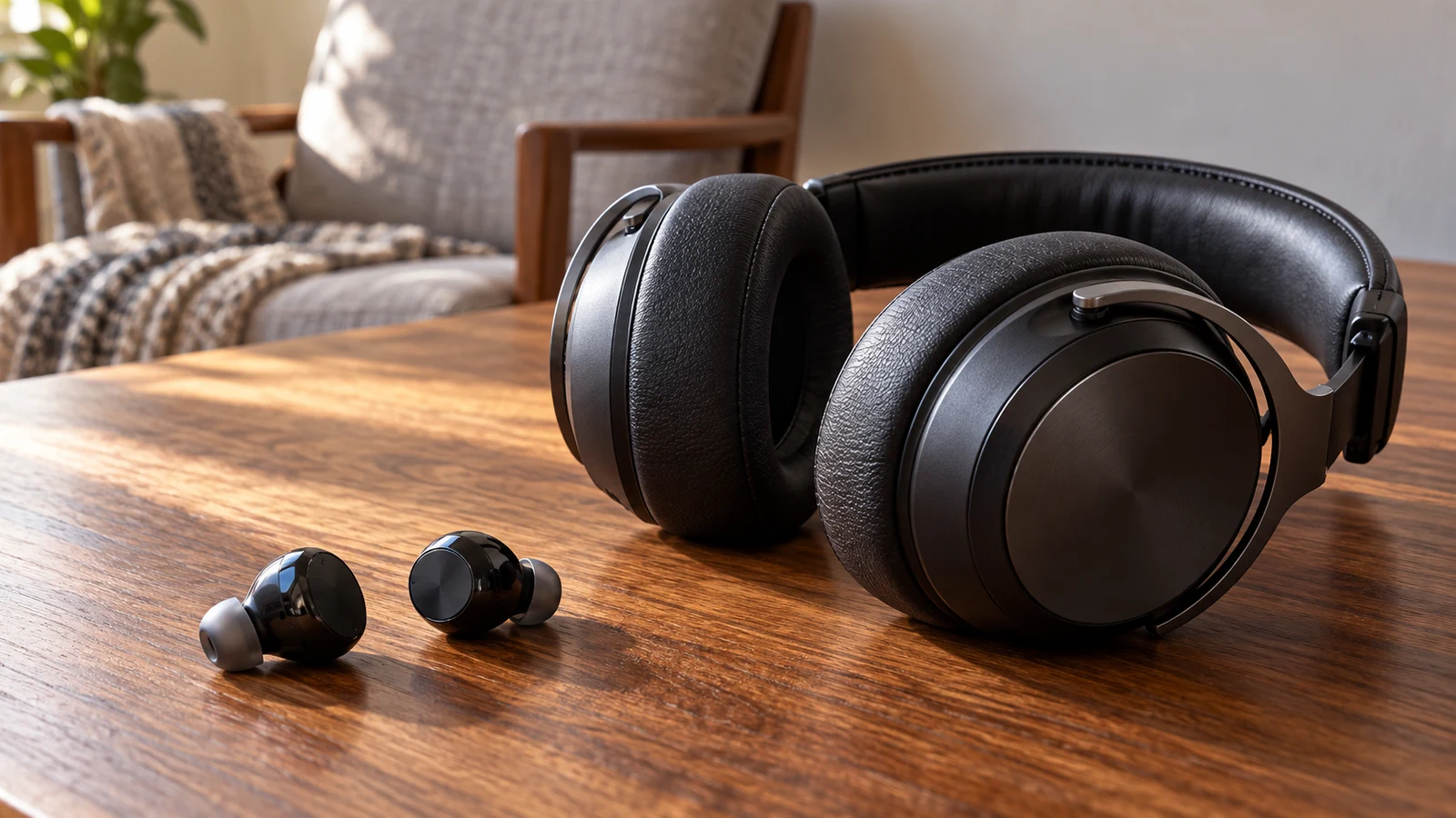 Nothing Ear a vs Monoprice M1060C headphones: Two earbuds and padded over-ear headphones rest on a wooden table.