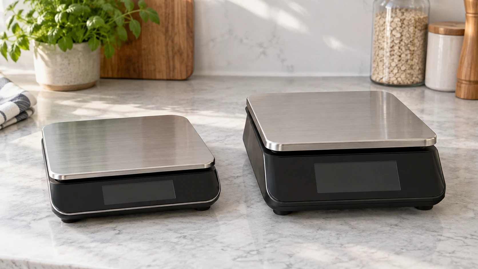 Food scale display and percentage modes represented by two generic switched-off kitchen scales with complete empty platforms and blank screens; conceptual cover, not exact retail models, supplied accessories, a calibration result or an approved vessel arrangement.