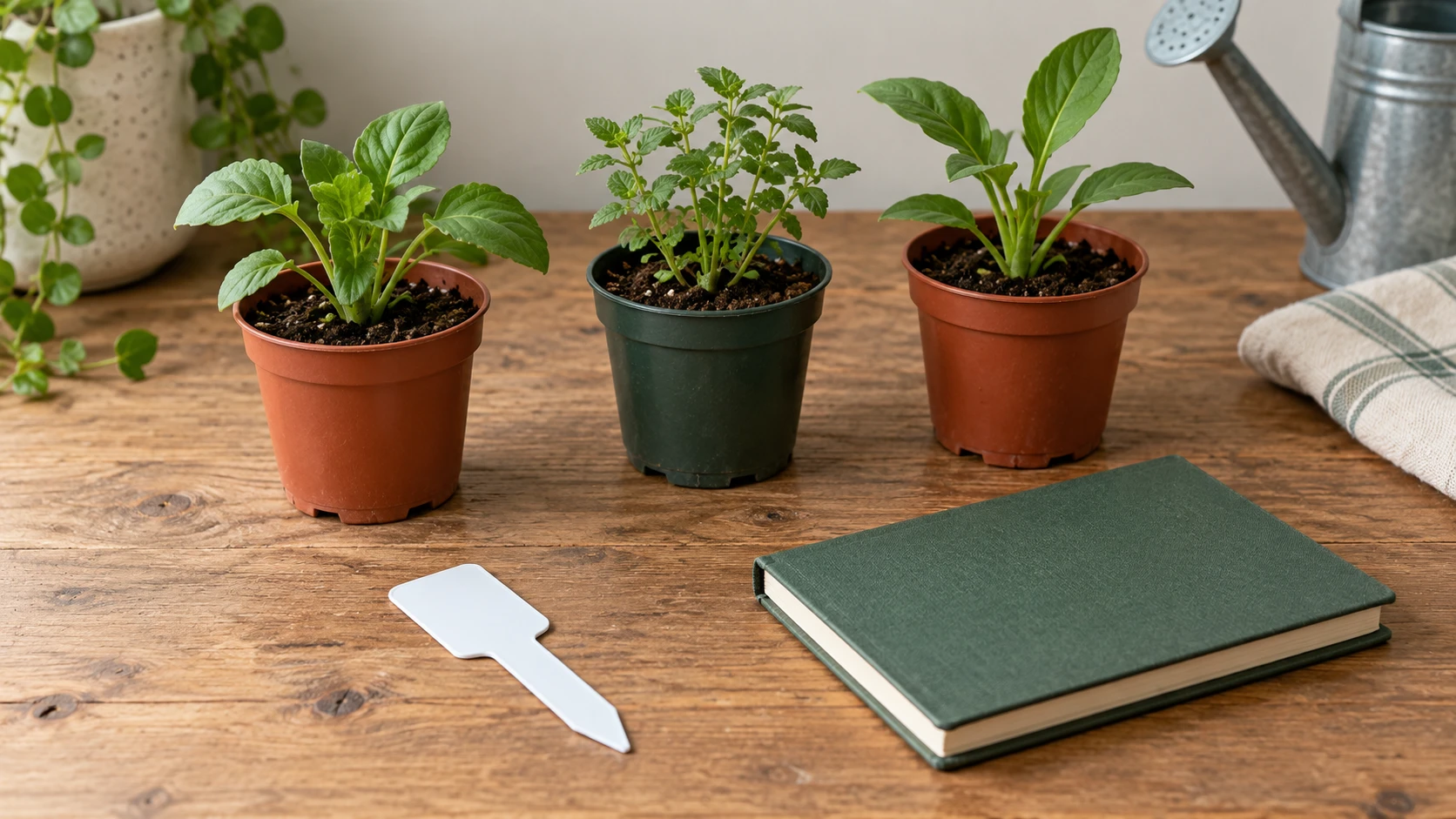 Missing plant label concept with whole generic small potted seedlings, one blank loose tag and a closed notebook on a workbench.