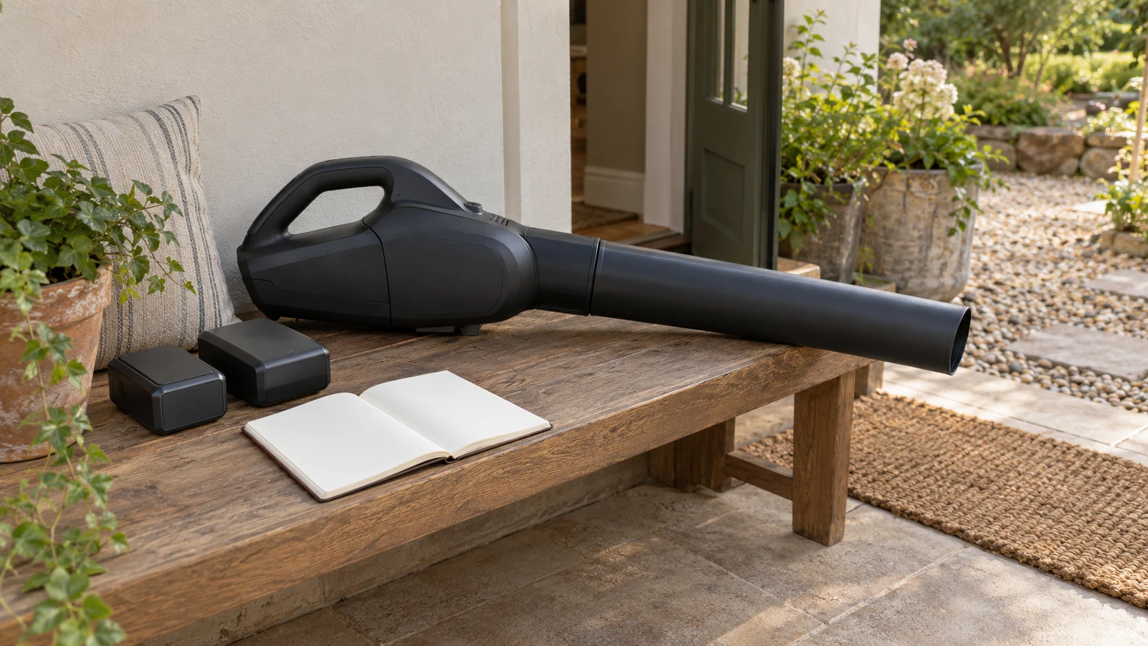 Cordless leaf blower troubleshooting represented by complete generic inactive outdoor equipment in domestic storage; not exact retail products or a verified repair.