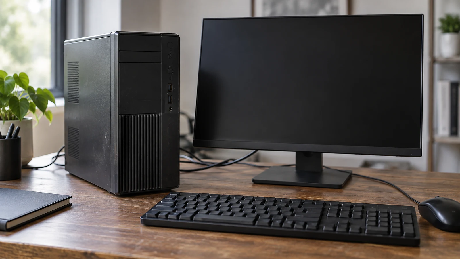 BTO HP ProDesk refurbished desktop: A black desktop tower, blank monitor and keyboard sit on a wooden desk.