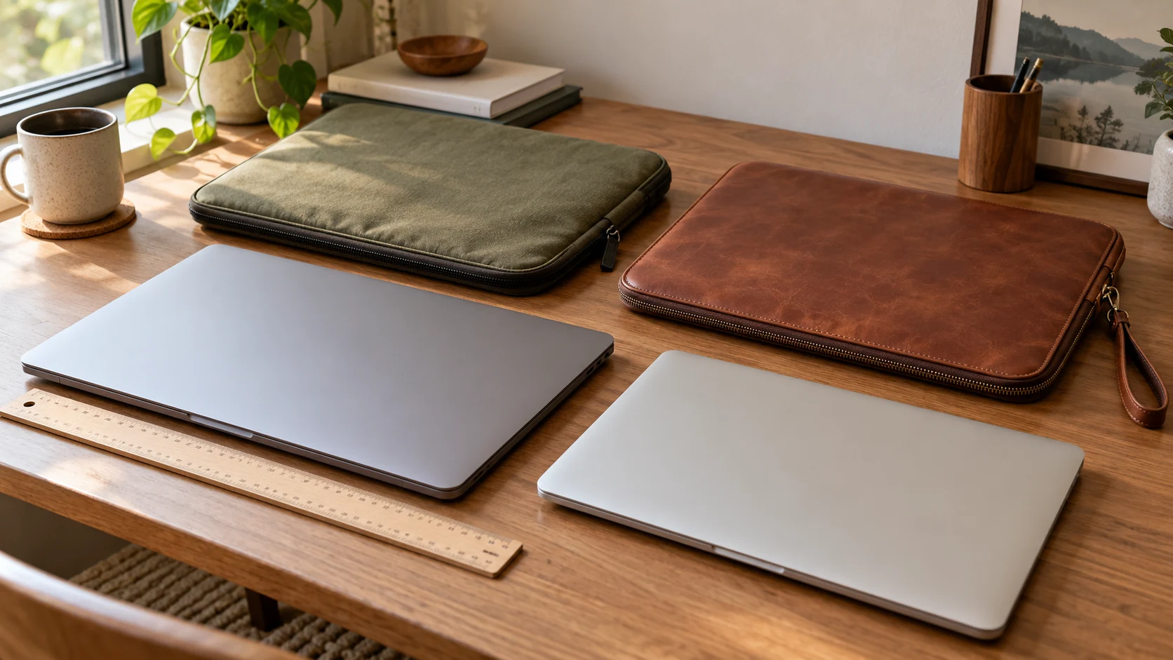 laptop sleeve size compatibility: a ruler, closed laptops and two zippered sleeves arranged to compare device dimensions with sleeve openings.