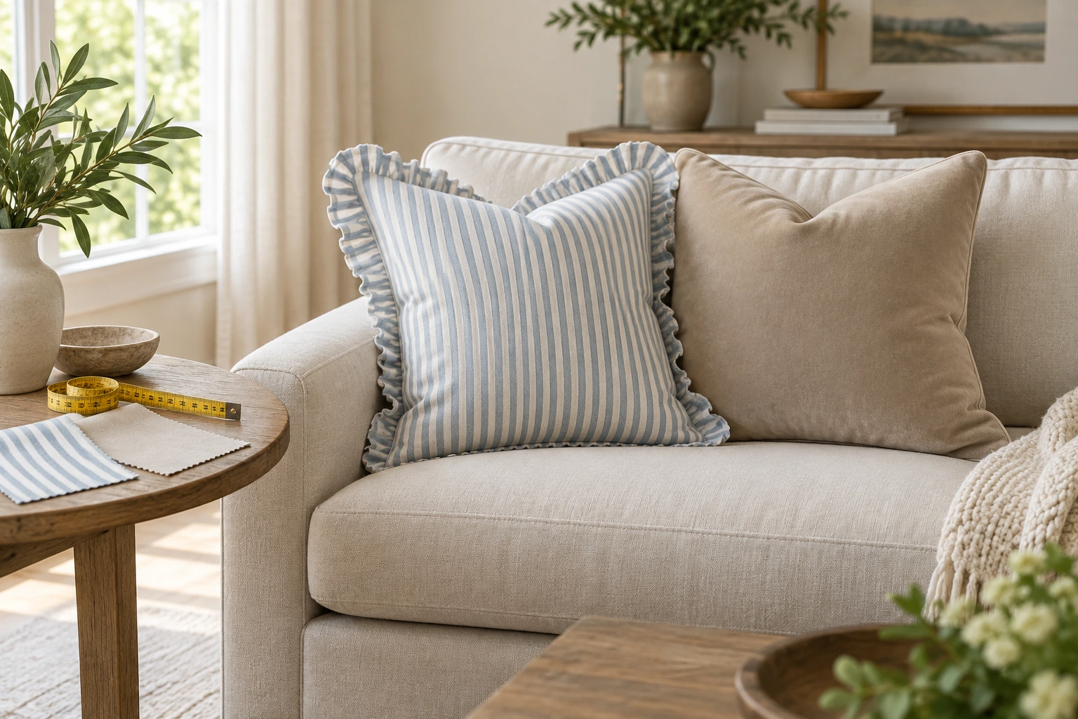 A blue striped throw pillow cover and a neutral velvet pillow on a sofa beside fabric swatches and a measuring tape for a small room refresh.