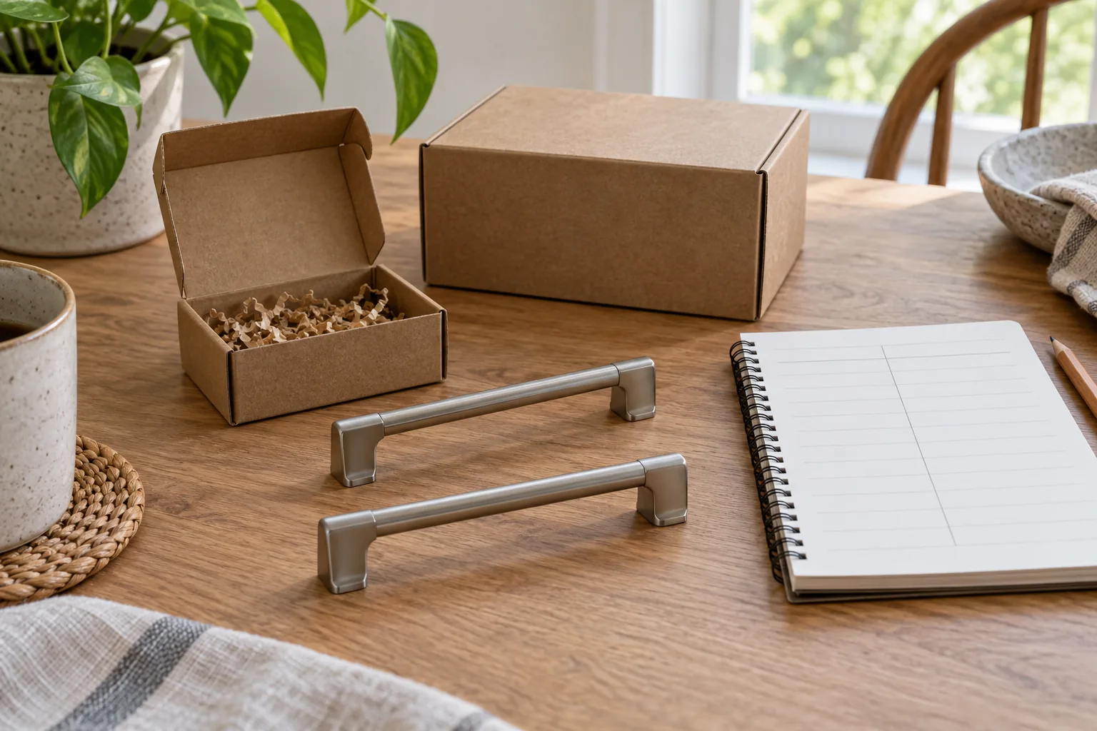 Cabinet hardware sample cost concept with two whole generic pulls, small open sample box, larger closed carton and blank planning notebook