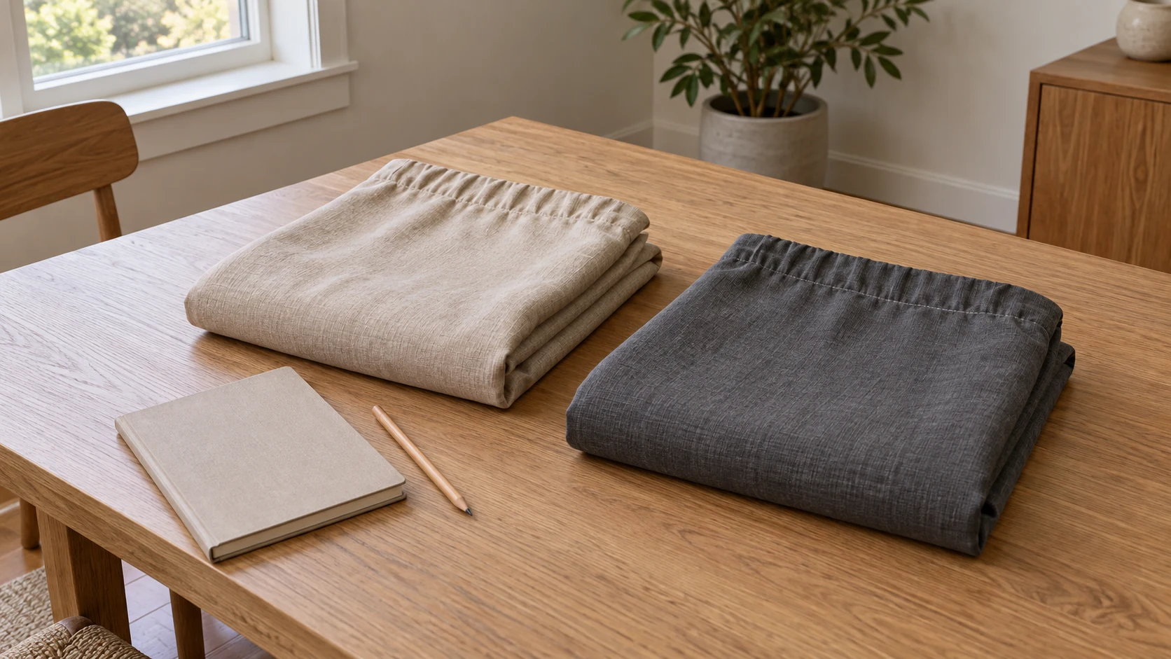A curtain length and panel count mismatch illustrated with separate generic folded curtain fabrics and a blank notebook, without exact sizes or package claims.