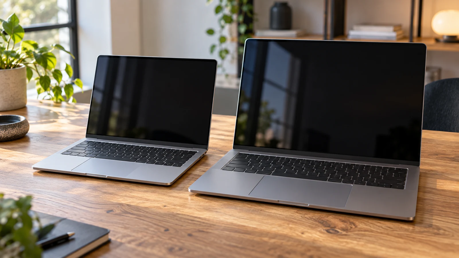 Fsjun 14-inch laptop: Two open silver laptops of different sizes sit on a sunlit wooden desk.