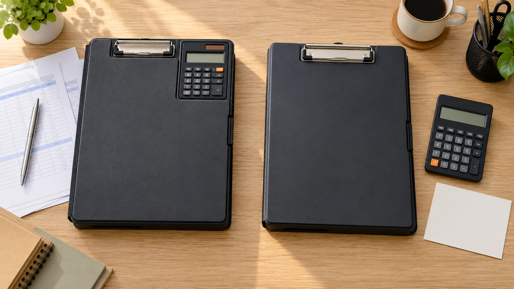 Storage clipboard buying guide comparing a generic closed storage board with an attached calculator and another plain board beside a separate calculator and blank decision card