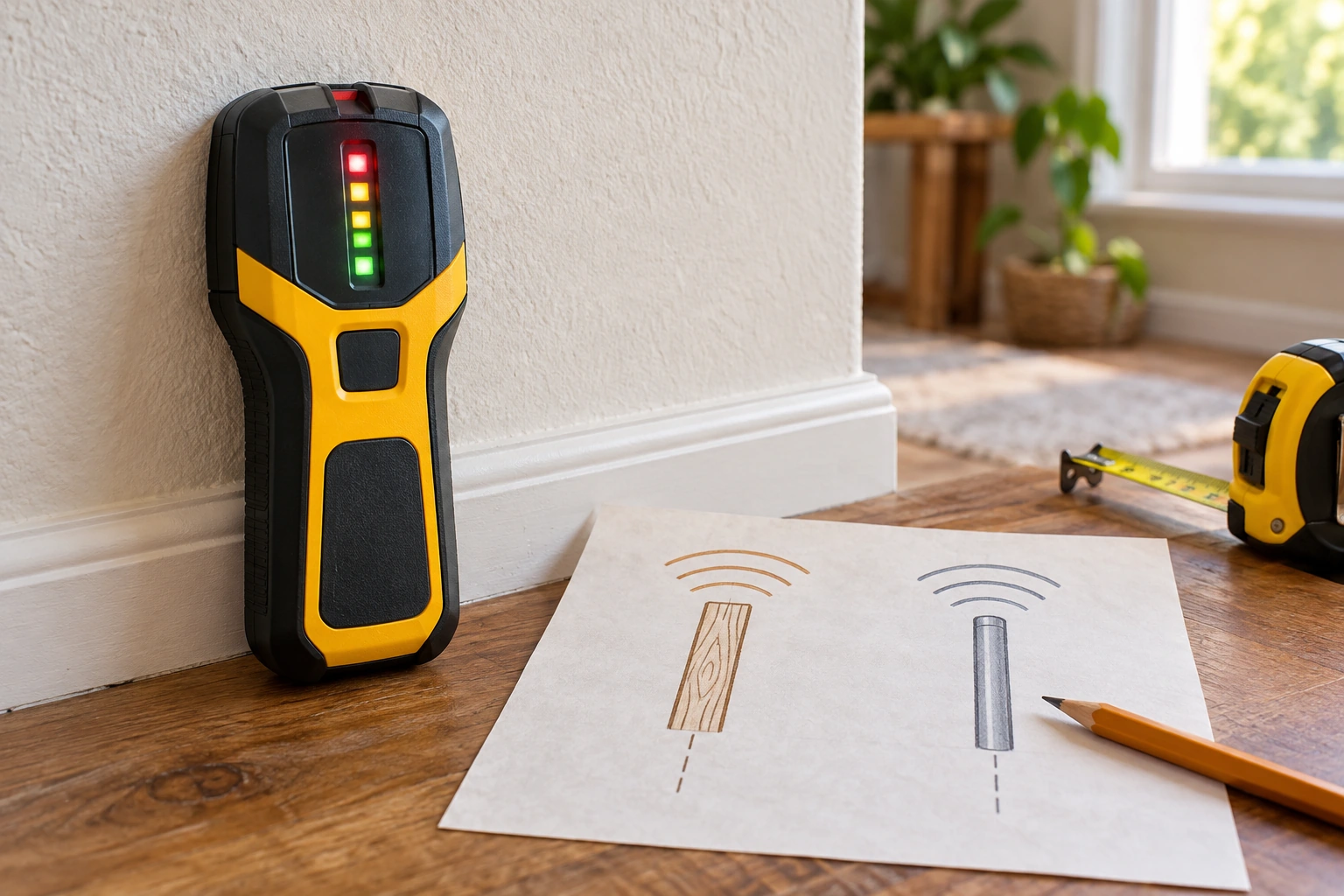 A stud finder beside a paper sketch with separate wood-stud and metal-object signals for a wall-scanning decision.