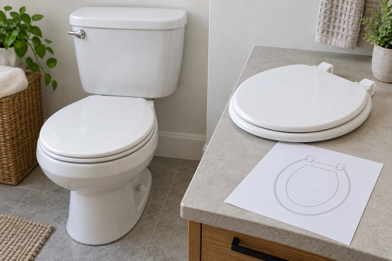 A replacement seat and a model document beside a household toilet illustrate toilet seat compatibility as a decision about the particular fixture and offered seat.