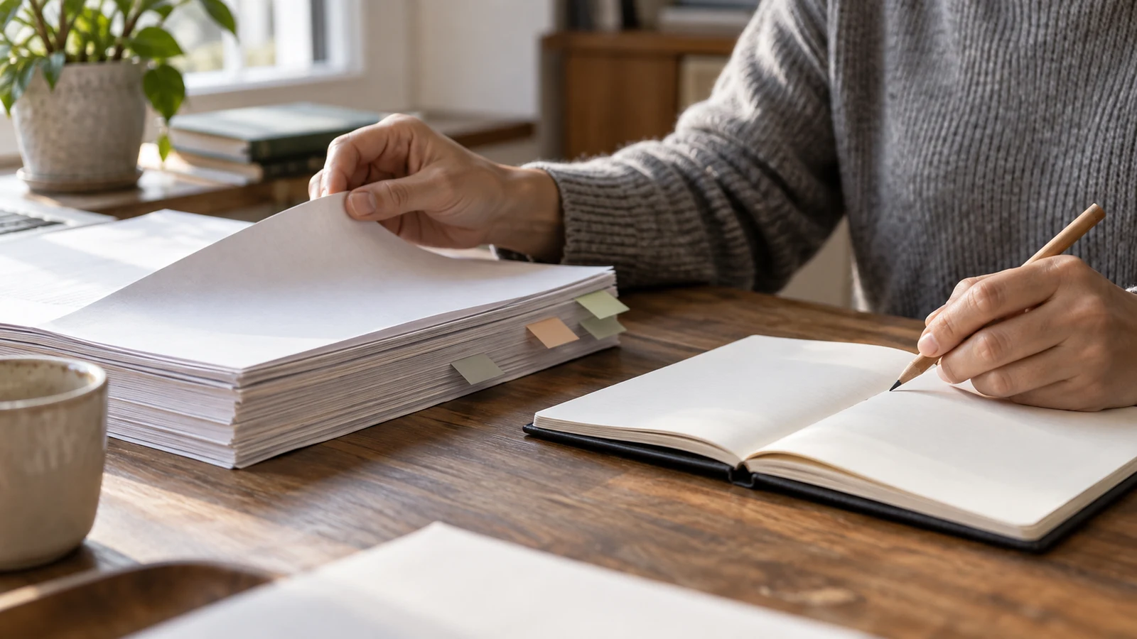 report summary writing: A person lifts a sheet from tabbed papers while holding a pencil over an open notebook.