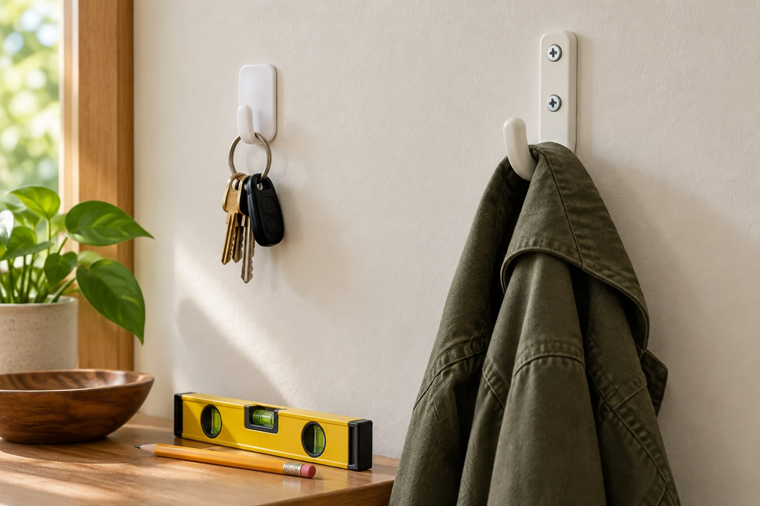 adhesive vs screw wall hooks guide showing a lightweight key ring on an adhesive hook beside a coat on a screw-mounted hook.