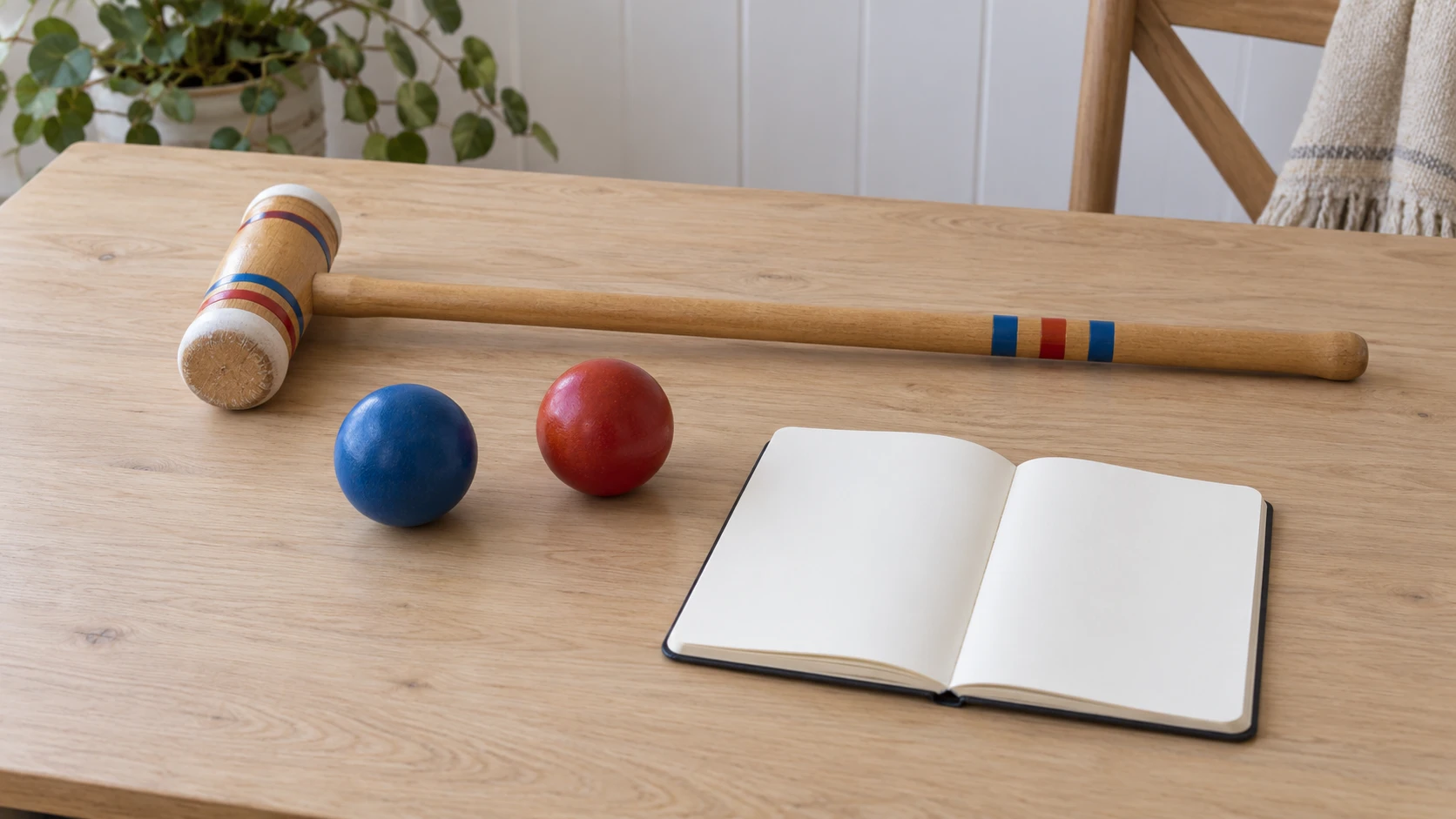 Count croquet bonus shots concept with a complete generic inactive wooden mallet, two separate balls and a blank notebook.