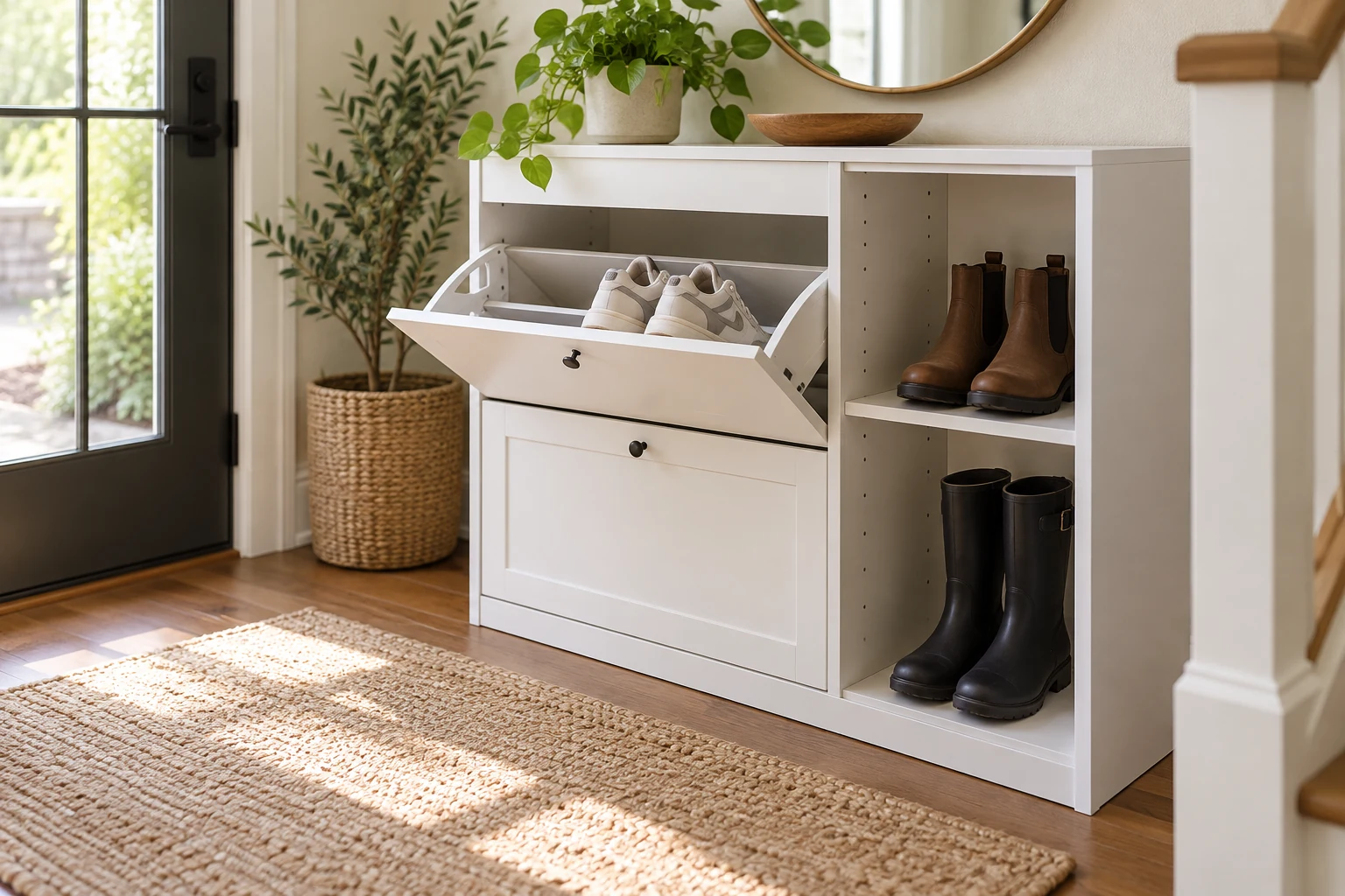 shoe cabinet flip drawer and open shelf shown together, with sneakers in the open flip front and boots visible on an adjustable shelf.