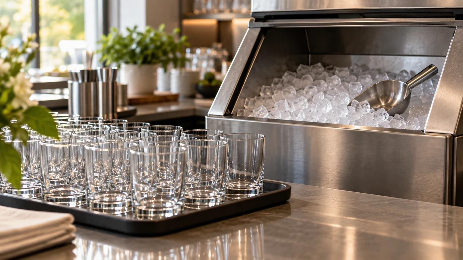 ice maker capacity: Empty glasses stand on a tray beside an open stainless steel bin filled with ice and a metal scoop.