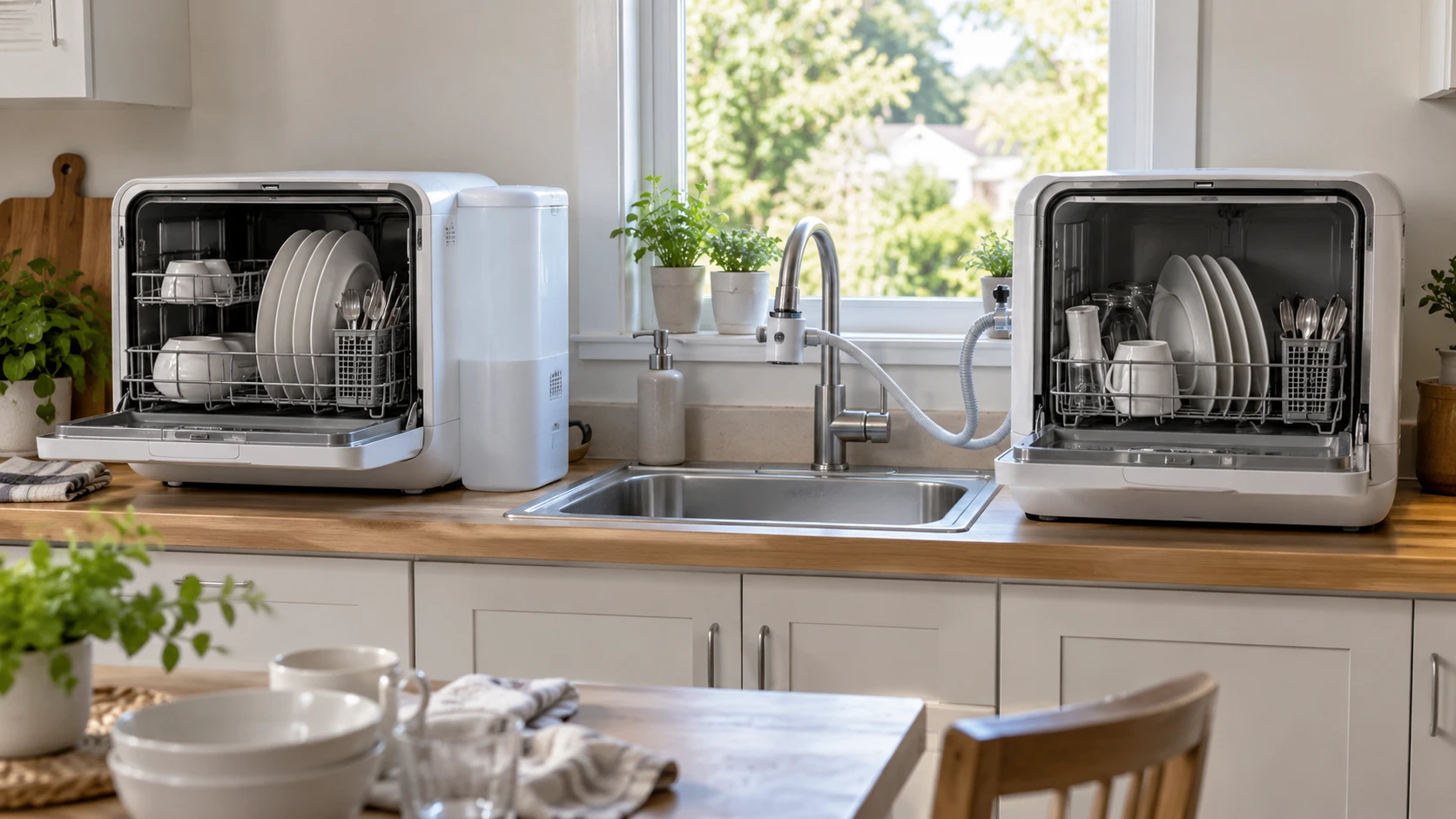Choosing AQSQ countertop dishwasher means weighing tank or faucet water supply, loading, cycles and daily care.