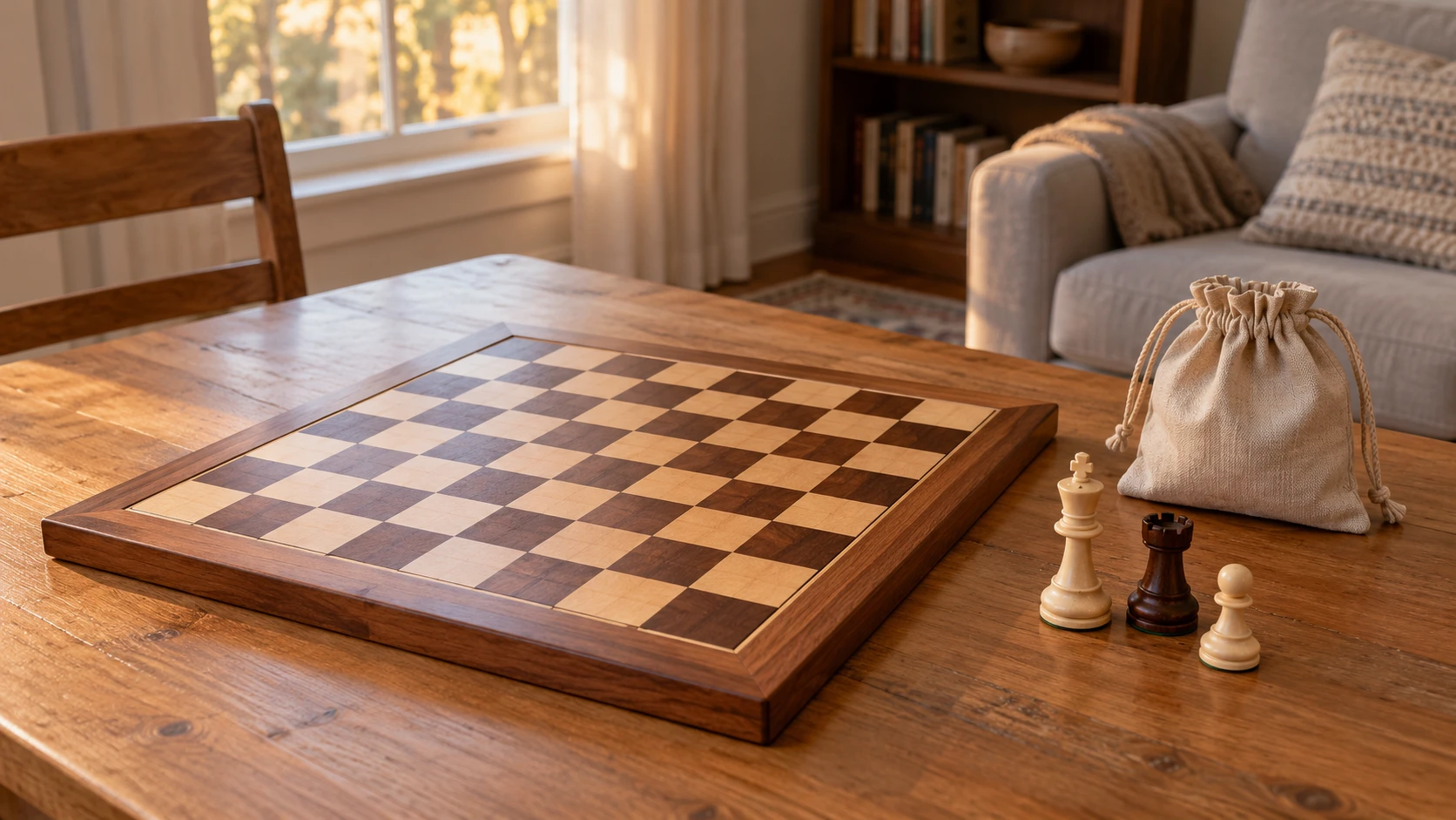 Casual chess afternoon concept with a complete generic empty board, three separate inactive pieces and a whole closed pouch.