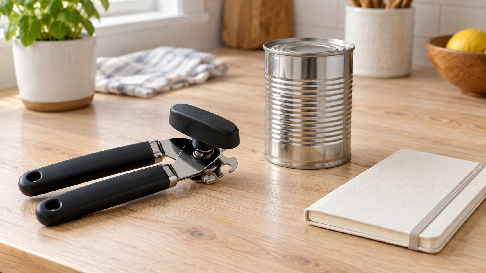 OXO Smooth Edge lid will not lift concept with a whole generic inactive manual opener beside an unopened can.