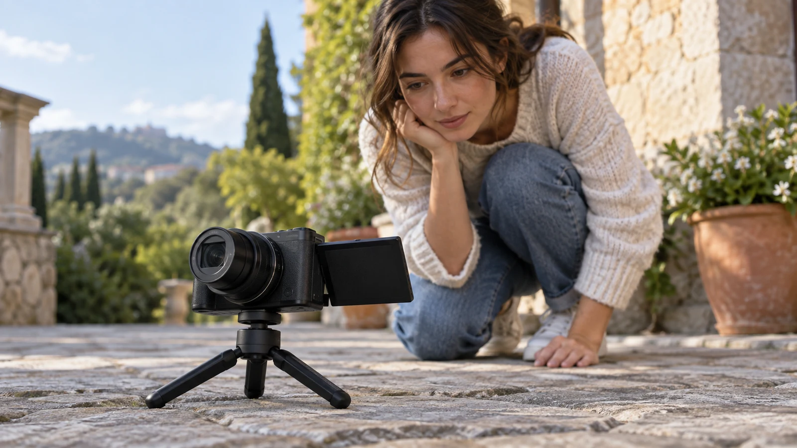 Sony ZV-1 II low-angle framing checks: A woman crouches beside a compact camera on a small tripod on a stone terrace.
