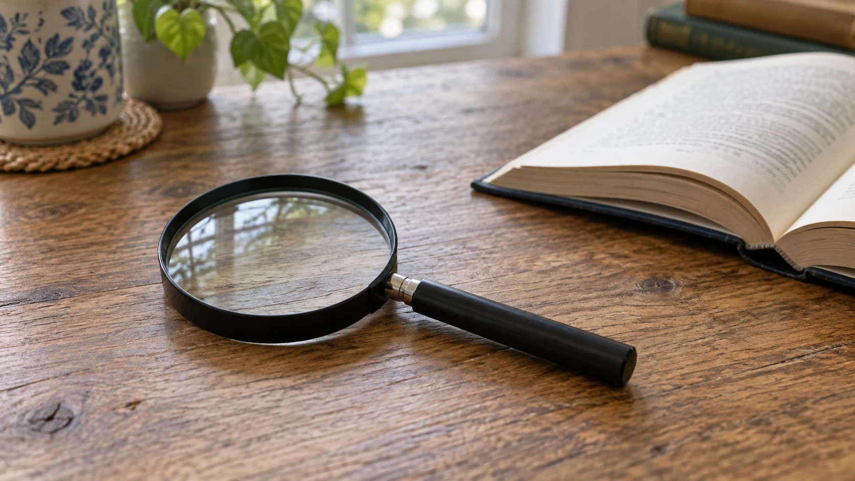 Concept for how a magnifying glass works, with a whole generic handheld magnifier on a reading table.