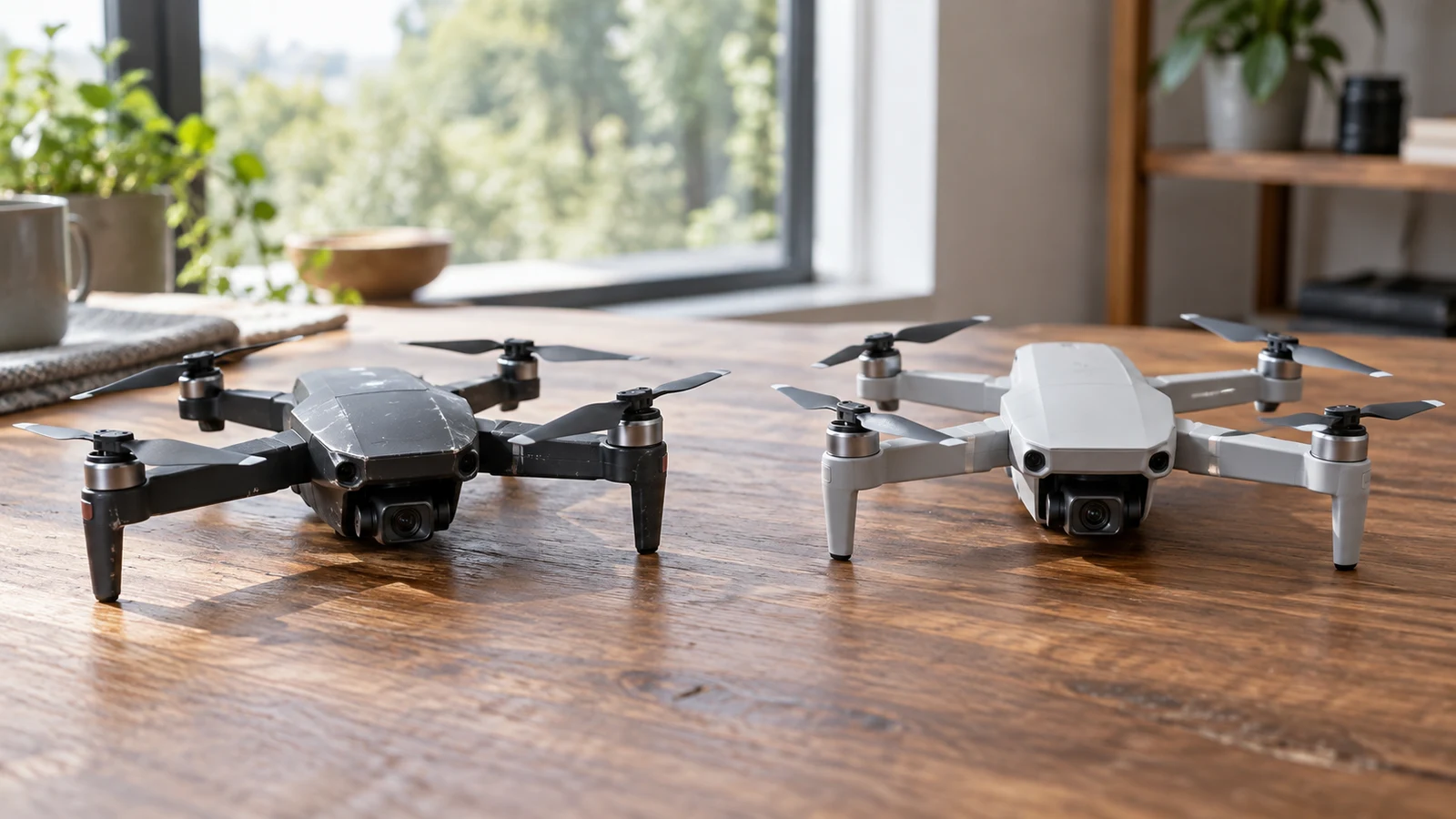 Pre-owned Vivitar VTI Phoenix drone: Two camera drones rest side by side on a wooden table.