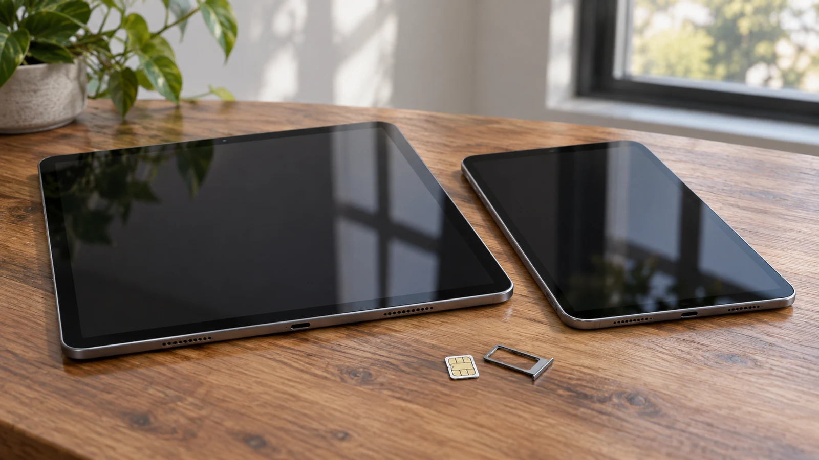 InsCrazy: Two tablets with dark screens sit beside a SIM card and tray on a wooden desk.