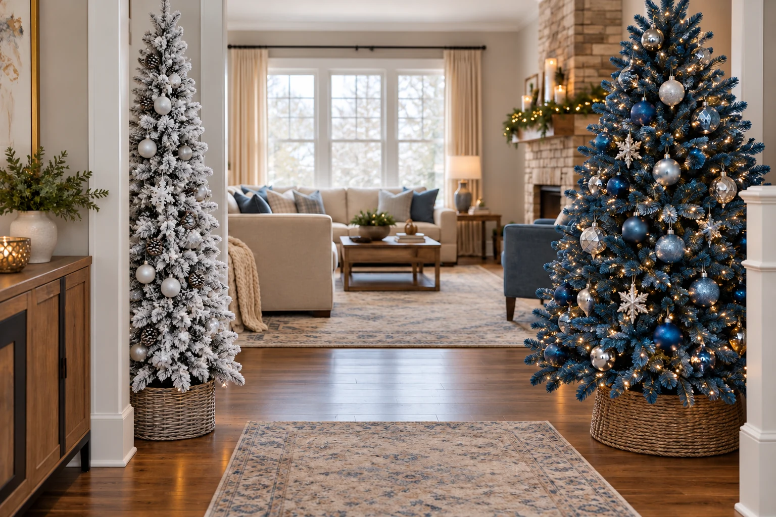 Christmas tree blocking walkway, with a slim pale pencil tree and fuller blue tree footprints compared beside a room path.