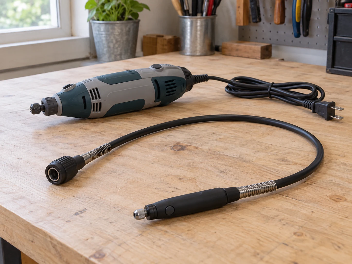 Dremel 4300 flex shaft compatibility concept with a whole generic inactive rotary tool and separate complete flex-shaft attachment resting on a workbench.