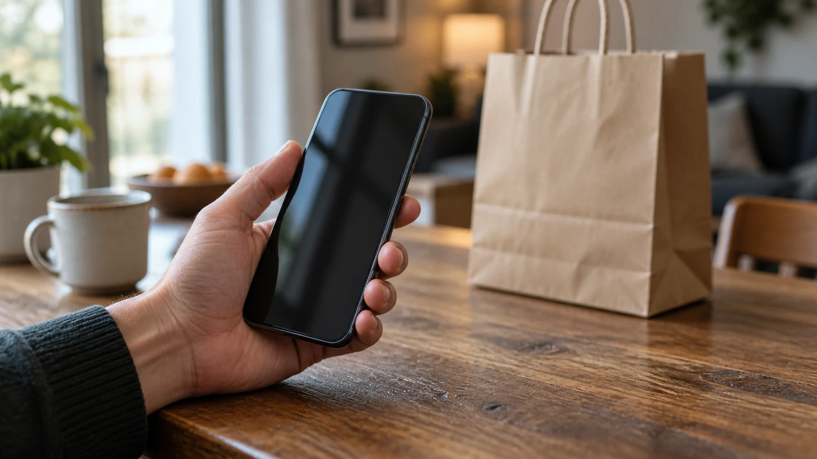 crypto shopping privacy: A hand holds a dark-screen phone beside a paper shopping bag on a wooden table.