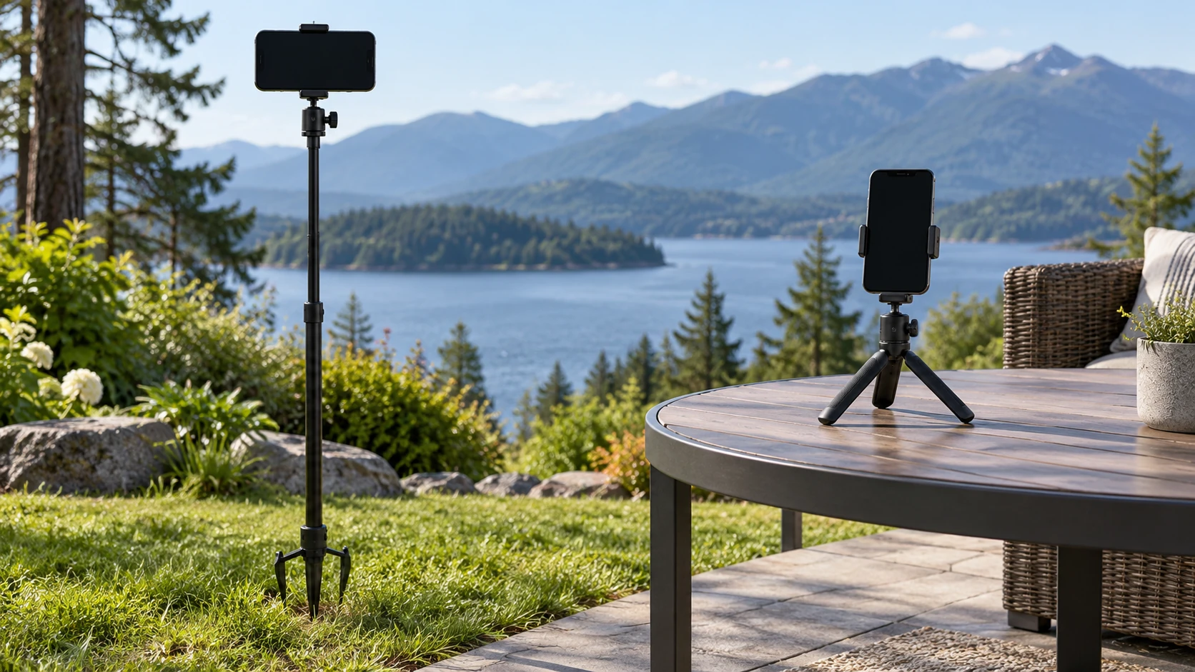 An outdoor phone tripod setup showing a tall ground-spike phone stand on grass beside a compact three-leg phone tripod on a level patio table.