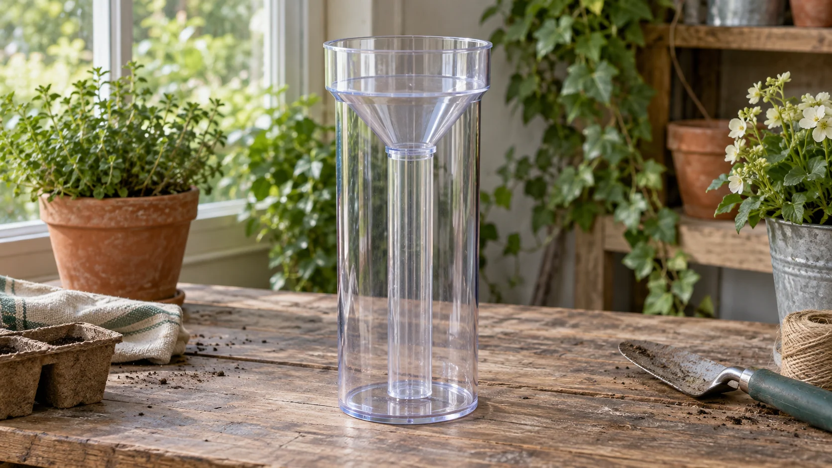 Rain gauge measuring tubes illustrated conceptually by a whole generic empty collector, funnel and narrow inner tube on a potting bench.