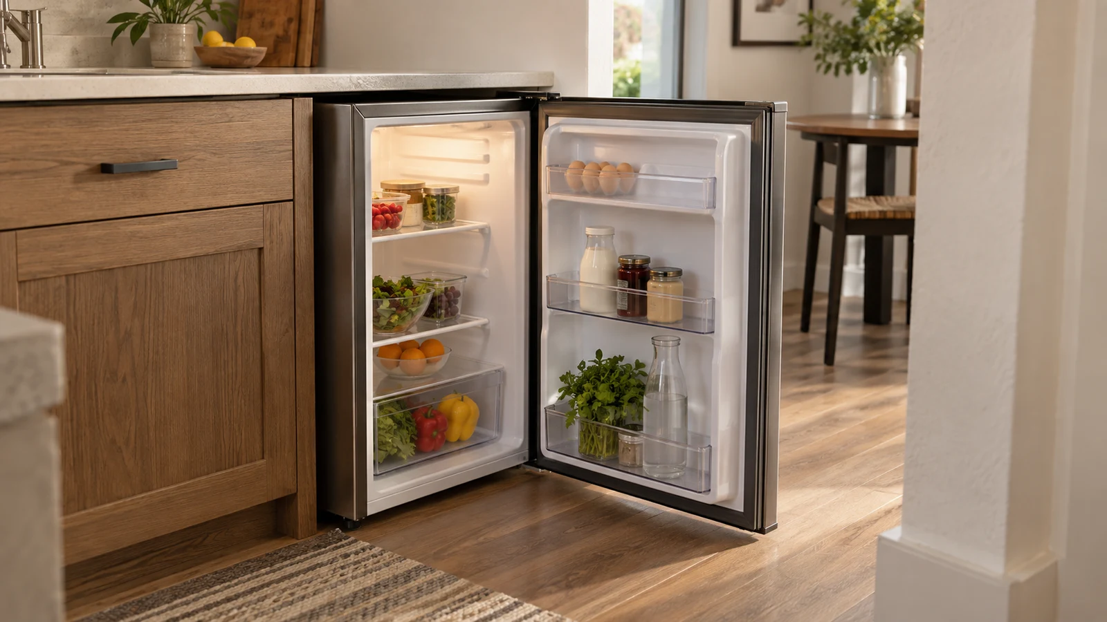 compact refrigerator door access: An open compact refrigerator holds food beside wooden cabinets and a white wall.