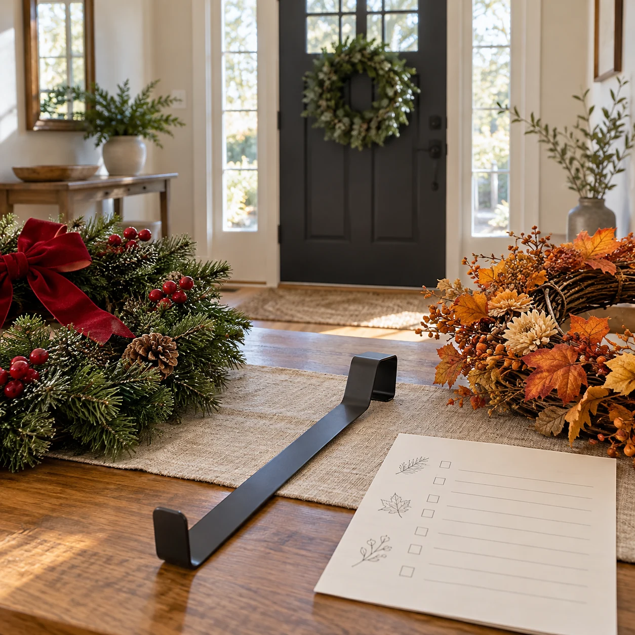 An over-door wreath hanger on a table between Christmas and fall wreaths with a seasonal inventory checklist and front door behind.