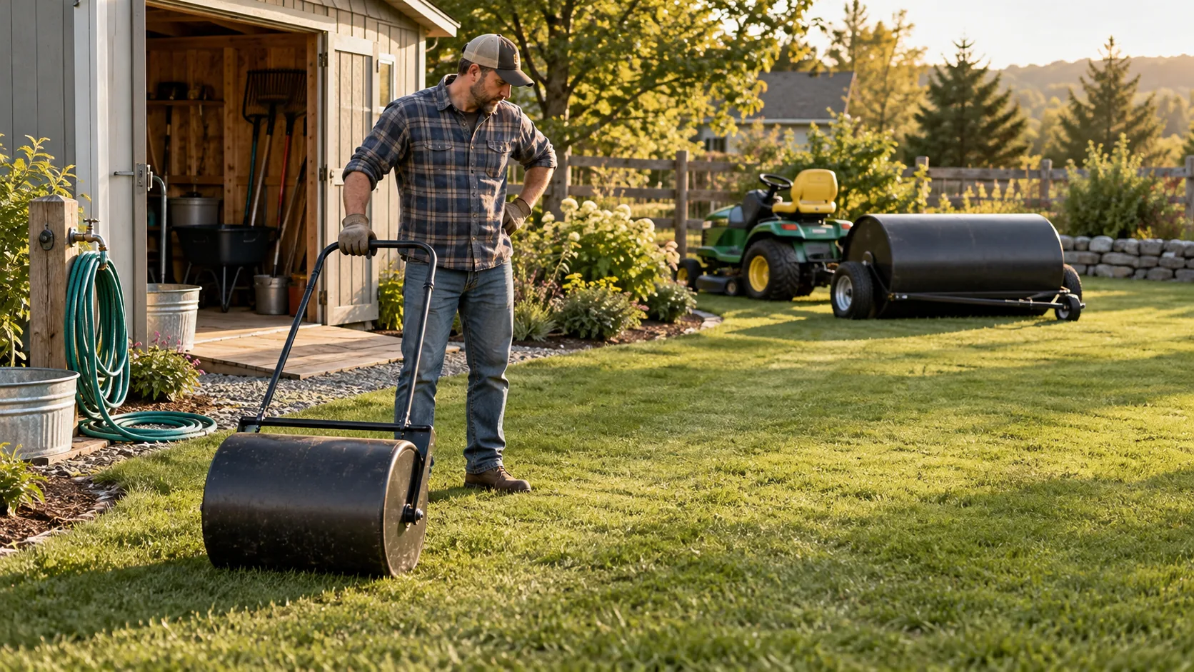 Lawn roller setup illustrated by a gardener staging a small push drum near a shed while a larger tow drum waits across the yard.