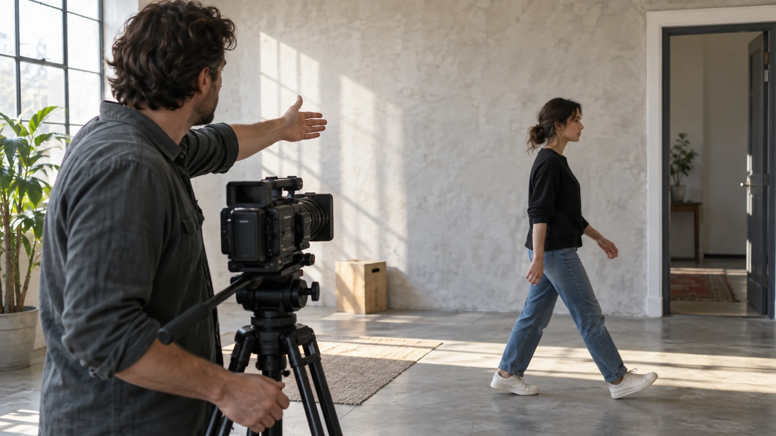 screen direction planning: A man beside a tripod-mounted camera gestures right as a woman walks toward a doorway.